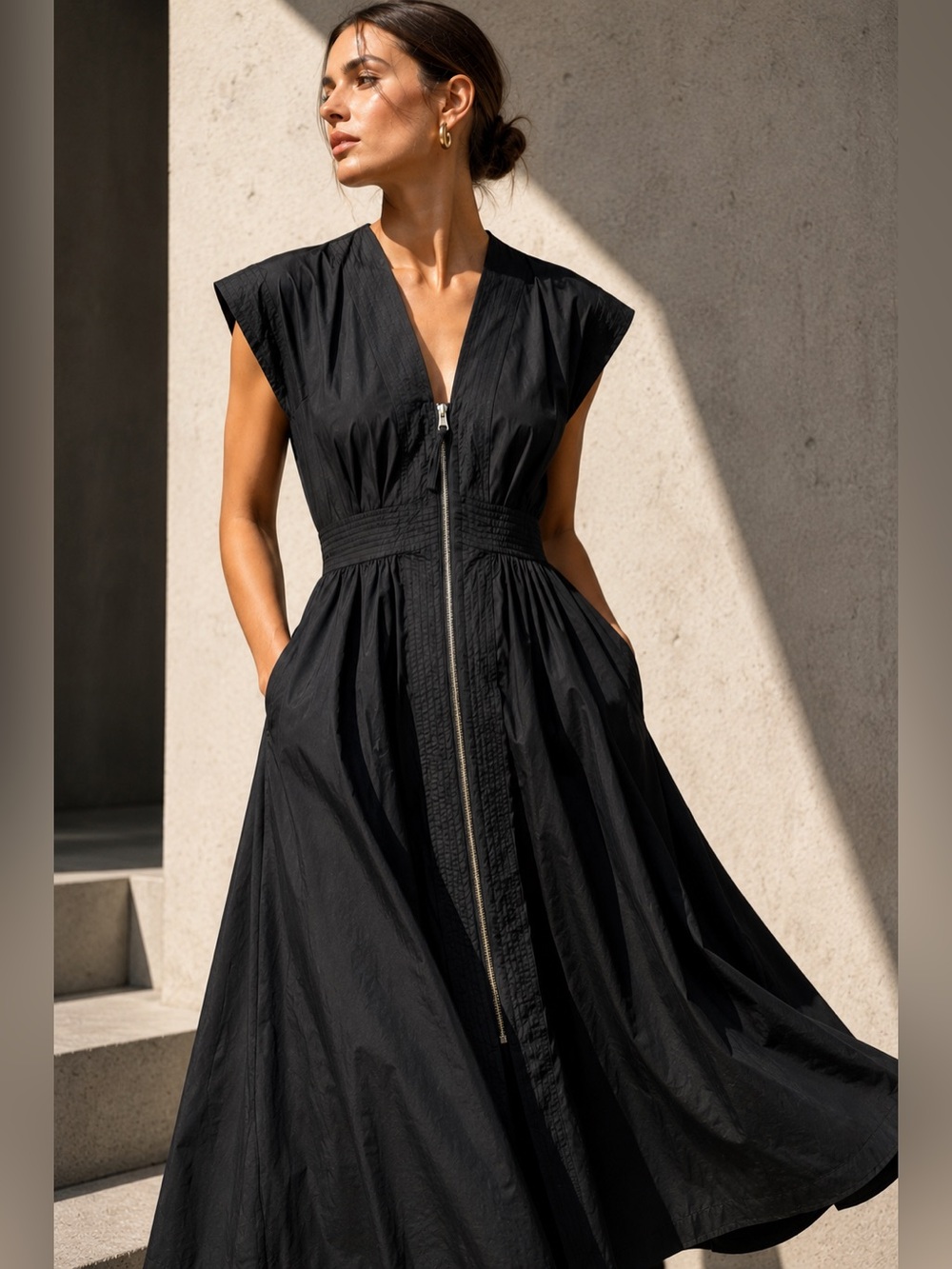 Entro Black Zip Front Midi Dress Architectural Minimalist Quiet Luxury Large